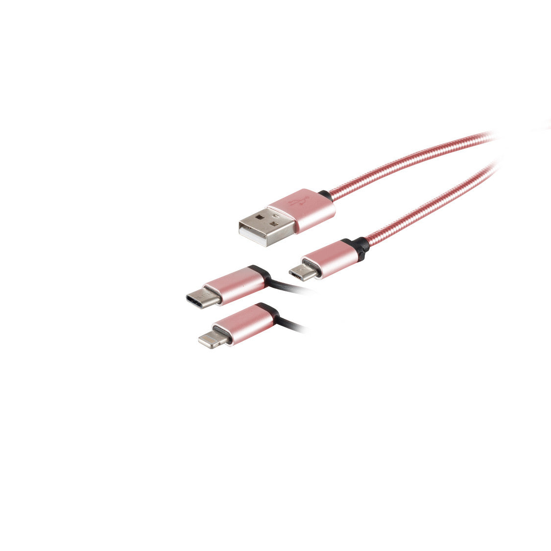 USB 3in1 Ladekabel, USB-A-Stecker auf USB Micro B + USB Typ C + 8-pin Stecker, ALU