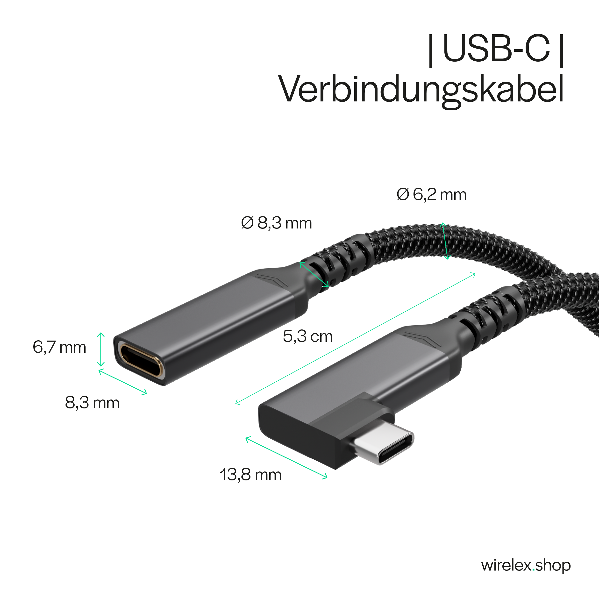 USB-C Verlängerungskabel, 3.2, 90°, PD, Textil