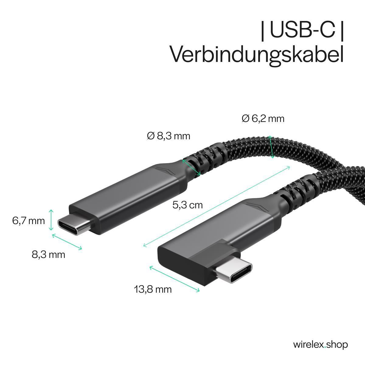 USB-C Ladekabel, 3.2, 90°, 100W PD, Textil     