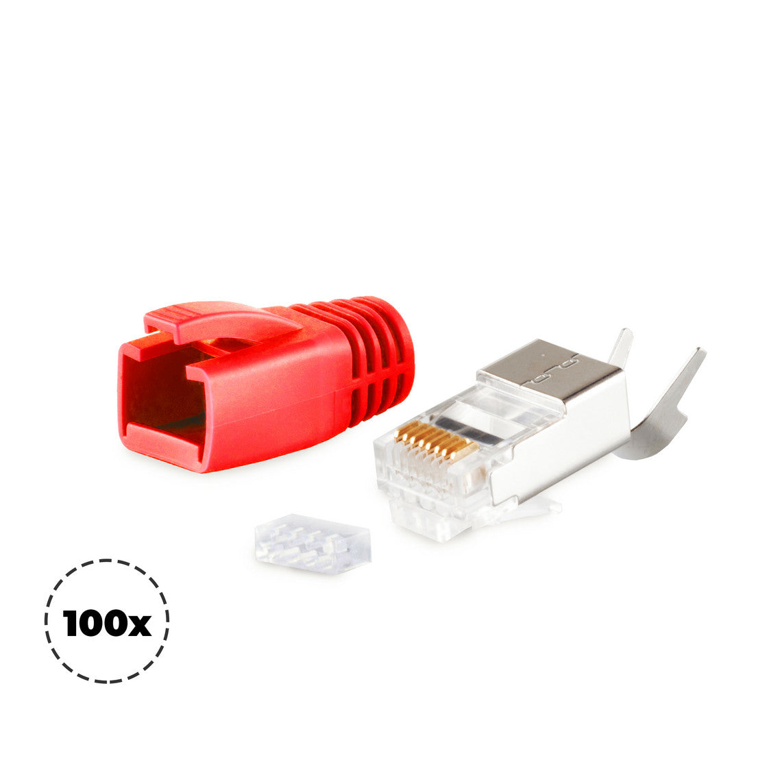 Netzwerk Modular Stecker RJ45 SET für Verlegekabel bis AWG 23, Stecker mit Zugentlastung, Einführhil  Rot   KB72067-100R02