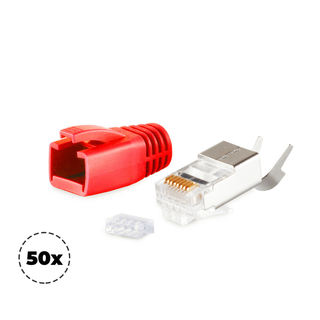 Netzwerk Modular Stecker RJ45 SET für Verlegekabel bis AWG 23, Stecker mit Zugentlastung, Einführhil  Rot   KB72067-50R02