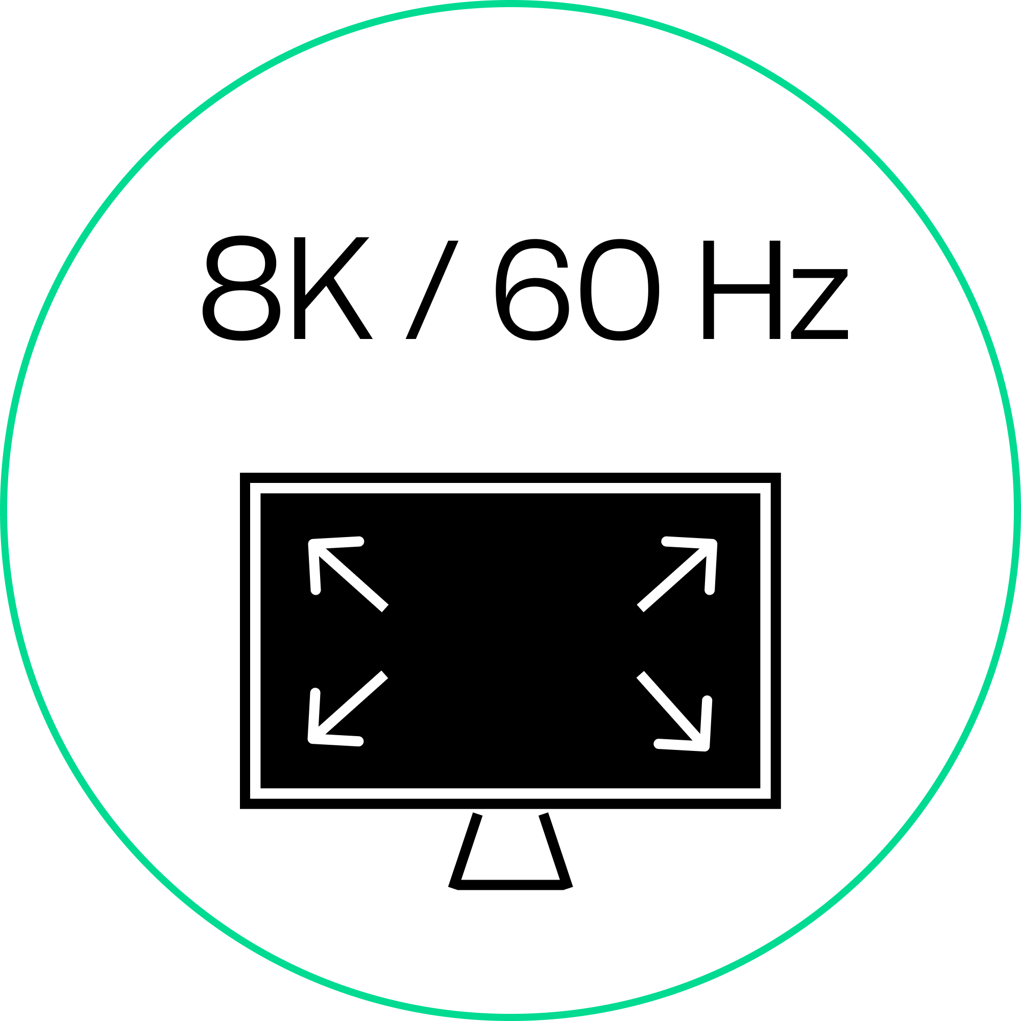 Icon mit Monitor und 8K-Auflösung bei 60 Hz – ideal für hochauflösende Video- und Gaming-Anwendungen mit gestochen scharfer Bildqualität.