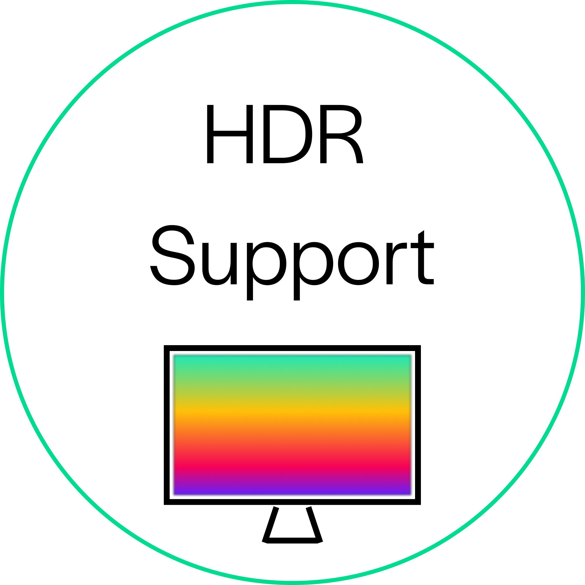 Symbol für HDR-Support mit farbigem Monitor – hohe Farbgenauigkeit und Kontrastdarstellung bei HDMI- oder DisplayPort-Kabeln.