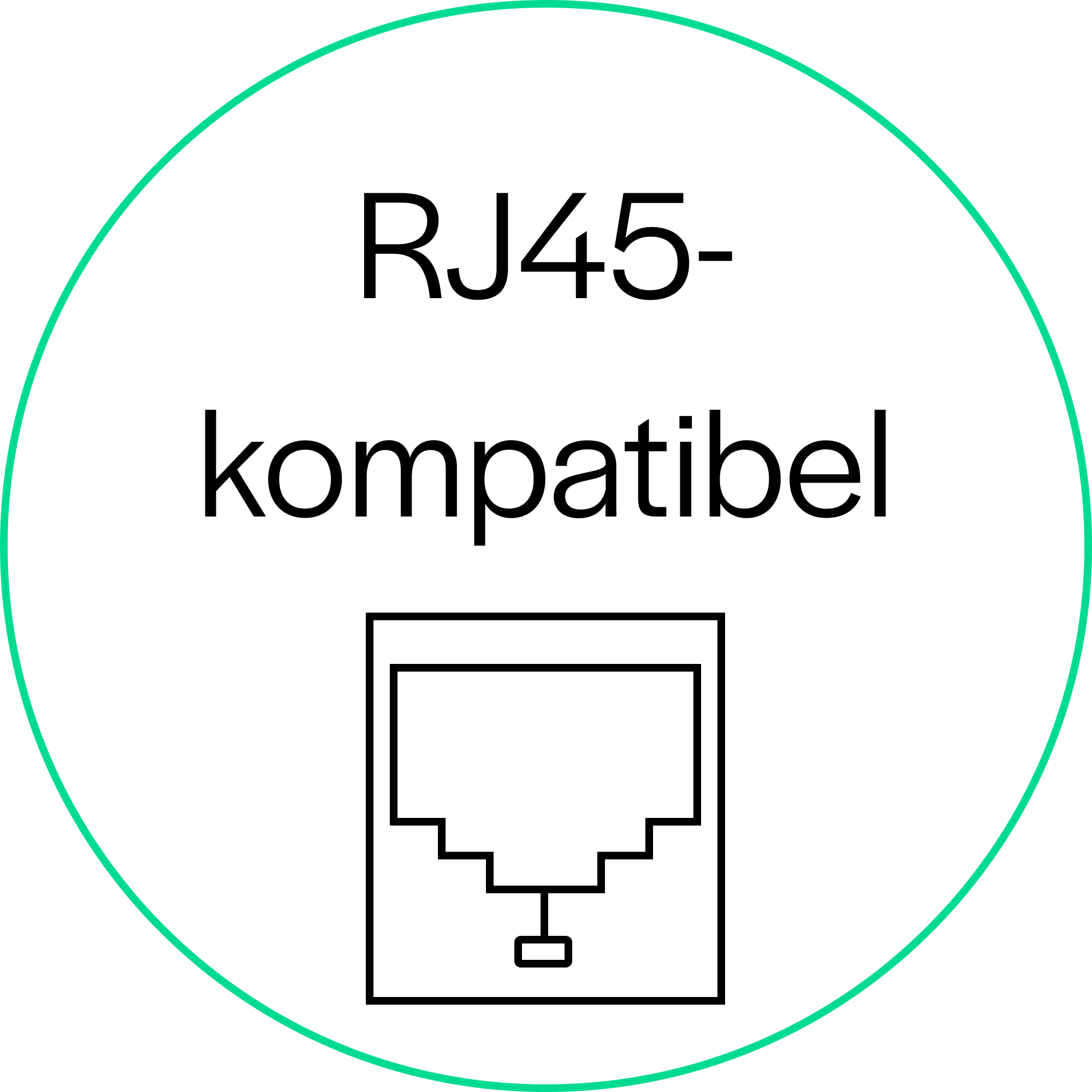 Symbol mit stilisierter RJ45-Buchse unter der Beschriftung ‘RJ45-kompatibel’ – zeigt an, dass das Produkt mit allen gängigen RJ45-Netzwerkanschlüssen kompatibel ist.“