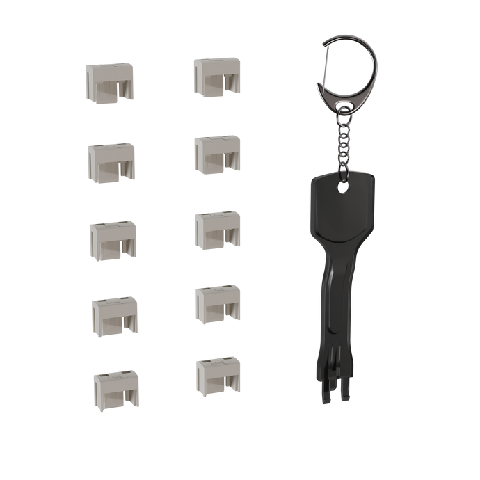 Set aus 10 RJ45-Port Blockern mit Spezialschlüssel für Netzwerksicherheit in IT-Umgebungen.