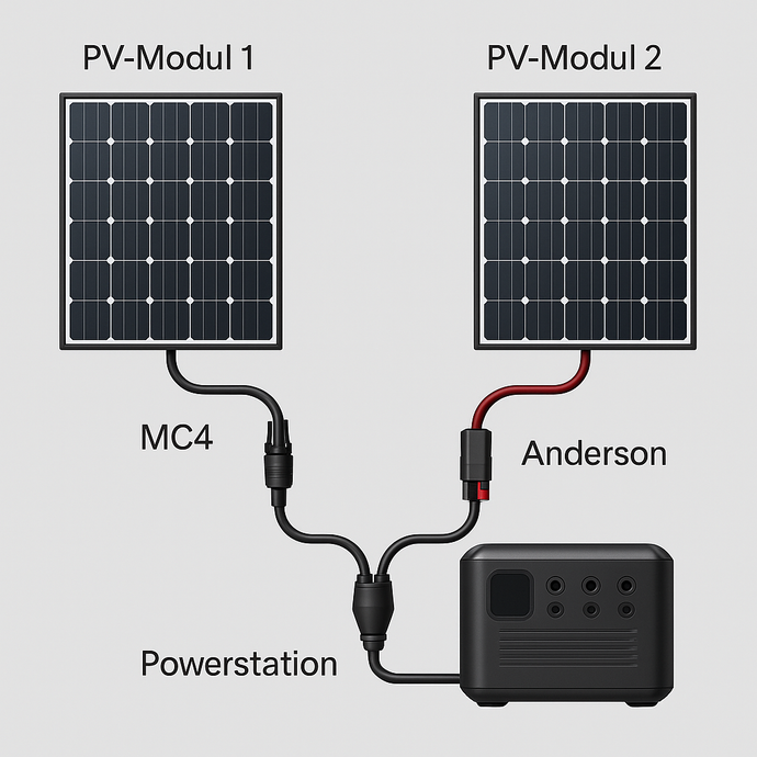 Diagramm zur Verbindung von zwei Solarmodulen mit einer Powerstation über ein MC4-Anderson-Einspeisekabel