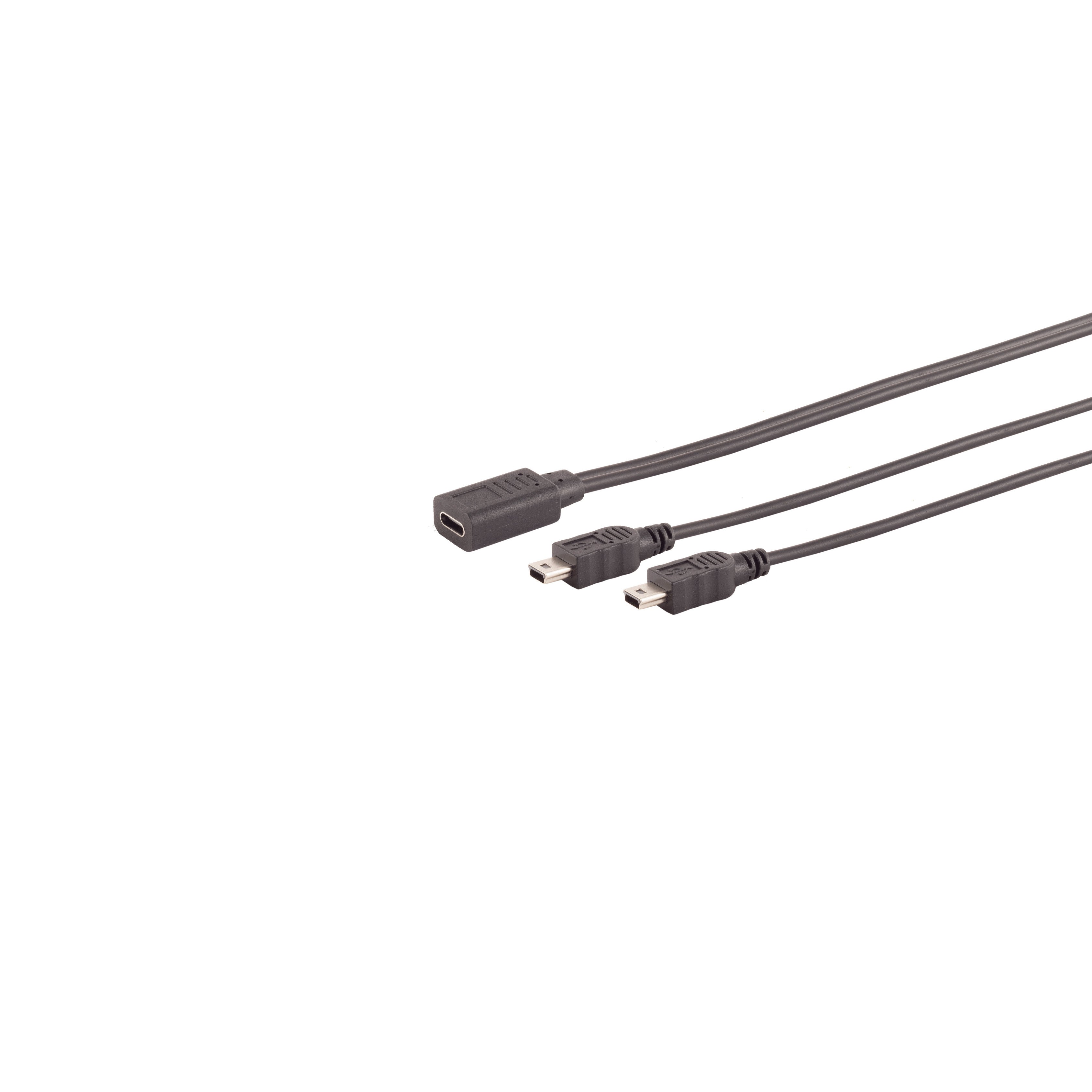 Adapter, USB C Buchse auf 2x USB Mini B Stecker, Y-Kabel, 2.0, schwarz, 0,3m