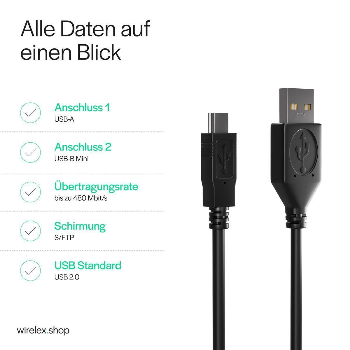 USB-Mini Kabel, USB-A-Stecker auf USB-B-Mini 5-pin Stecker, USB 2.0, KUPFER     