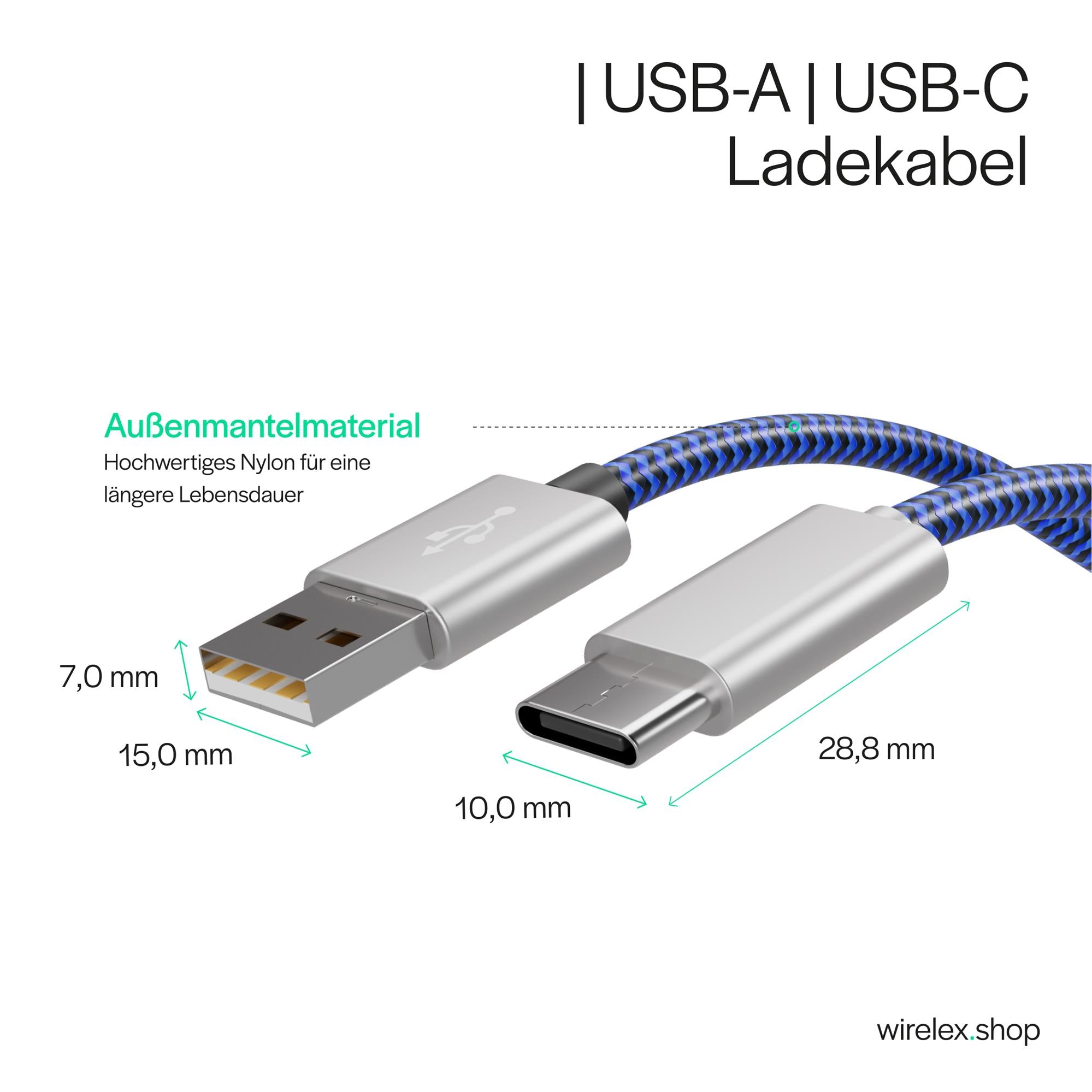 USB Ladekabel, USB-A-Stecker auf USB Typ C Stecker, Nylon